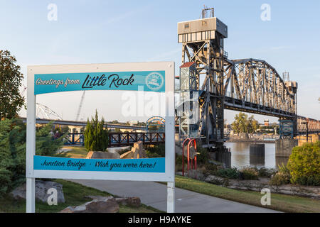 A sign with 'Greetings from Little Rock' on the path to the Junction Bridge in Little Rock, Arkansas. Stock Photo