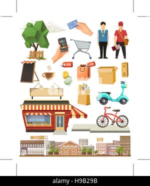 Shop, low poly vector icon set Stock Vector