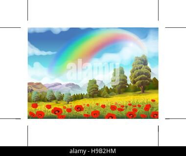 Spring landscape, poppies and rainbow vector background Stock Vector