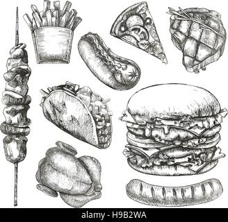 Fast food, sketches, hand drawing, vector set Stock Vector