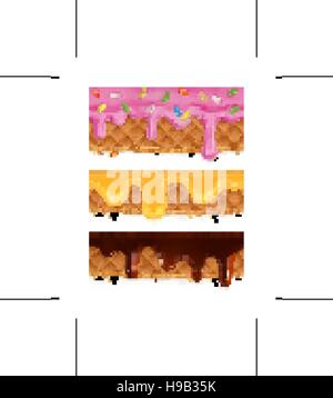 Waffles chocolate, honey, glaze, vector seamless horizontal patterns Stock Vector