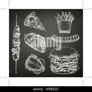 Fast food, sketches on the chalkboard vector set Stock Vector