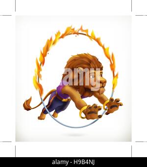 Circus lion jumping through a flaming hoop, fire show, vector icon mesh Stock Vector