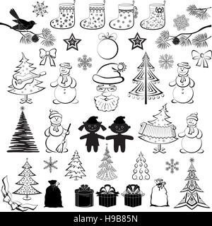 Christmas cartoon, set black silhouettes Stock Vector