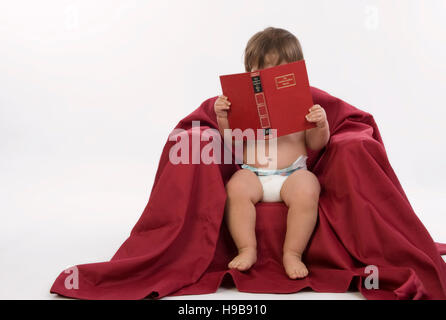 Toddler, 1 year old, sitting on a chair, reading a book Stock Photo