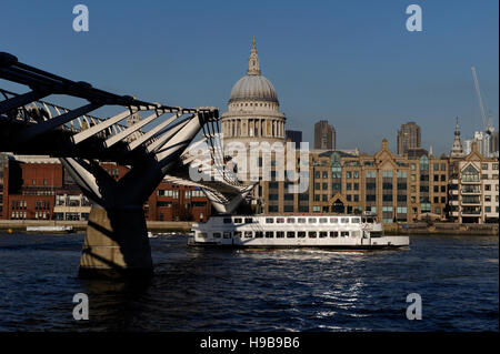 A view looking towards St. Pauls cathedral with the Millennium bridge shown, London, England, Great Britain, Europe Stock Photo