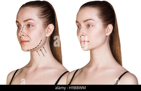 Young woman with arrows on face Stock Photo