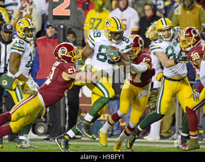 Green Bay Packers tight end Jared Cook (89) is tackled by Washington Redskins inside linebacker Will Compton (51) and cornerback Quinton Dunbar (47) in fourth quarter action at FedEx Field in Landover, Maryland on Sunday, November 20, 2016. The Redskins won the game 42 - 24. Credit: Ron Sachs/CNP /MediaPunch Stock Photo