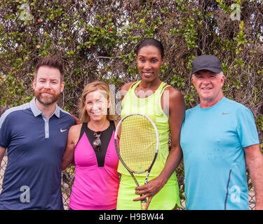 Boca Raton, Florida, USA. 18th Nov, 2016. DAVID COOK, American rock singer-songwriter who rose to fame after winning the seventh season of American Idol, Tennis legend CHRIS EVERT, LISA LESLIE, American former pro basketball player, a three-time WNBA MVP and four-time Olympic gold medal winner and ALAN THICKE, a Canadian actor, songwriter, and game and talk show host, during the 2016 Chris Evert/Raymond James Pro-Celebrity Tennis Classic media day at the Boca Raton Resort & Club. Chris Evert Charities has raised more than $22 million in an ongoing campaign to provide a bright fu Stock Photo