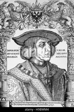 Maximilian I, 22 March 1459 - 12 January 1519, was King of the Romans also known as King of the Germans from 1486 and Holy Roman Emperor from 1493 until his death, historical illustration Stock Photo