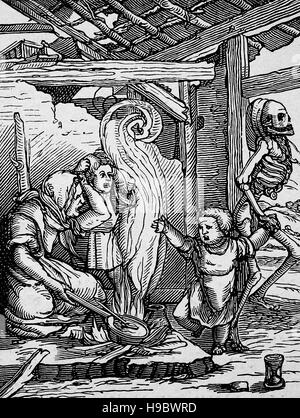 DANCE OF DEATH woodcut by Hans Holbein 1549 - the Abbess is lead from ...