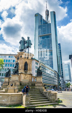 FRANKFURT AM MAIN, GERMANY - MAY 19, 2016: The Johannes Gutenberg monument on the southern Rossmarkt (1854 - 1858, by sculptor Eduard Schmidt von der Stock Photo