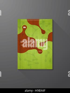 Abstract vector brochure design template. Green color science background. Molecules and liquid drops. Stock Vector