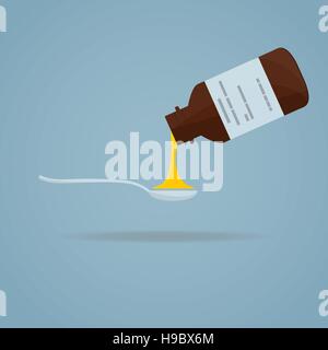 Flat illustration. Medical bottle with syrup pour in spoon. Stock Vector