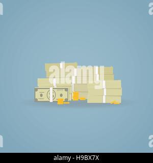Flat illustration of pile of green dollars. Gold coins and paper dollars stacked. Stock Vector