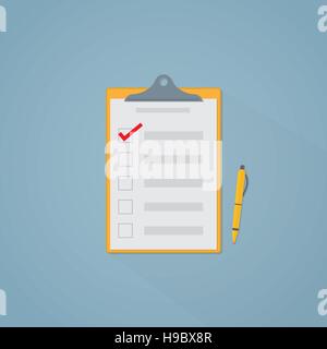 Flat illustration. Checklist with box and red mark. Stock Vector