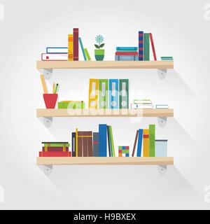 Flat illustration. Bookshelf with old books, magazines and folders. Stock Vector