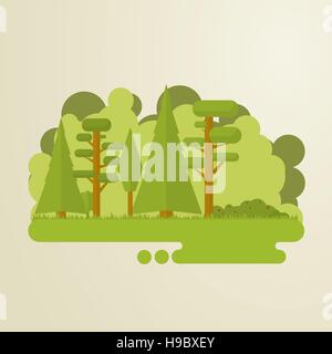 Set of flat trees in a forest. Woods, grass, bushes, pine-tree. Stock Vector