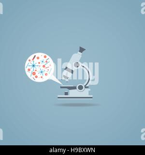 Flat style illustration. Modern microscope with bacteria and viruses on Petri dish. Stock Vector