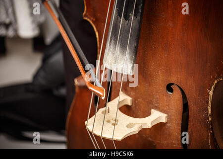 Close-up of double bass, wooden musical instrument Stock Photo