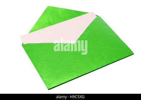 Gold envelope white a white sheet of paper inside isolated on white background Stock Photo