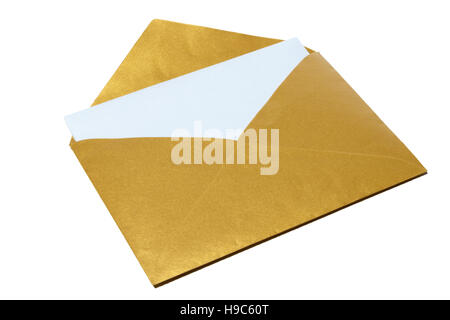 Gold envelope white a white sheet of paper inside isolated on white background Stock Photo