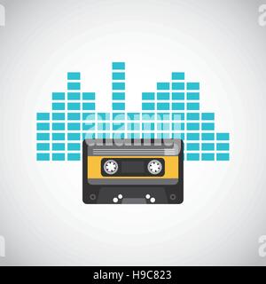 cassete tape with yellow label over blue soundwaves and white background. vector illustration Stock Vector
