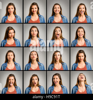 Multiple portraits of the same woman doing diferent expressions Stock Photo