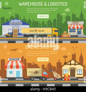 Warehouse logistics shopping banner Stock Vector