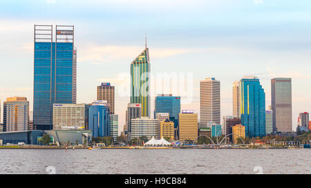 Late afternoon in the city of Perth, the capital of Western Australia. The Swan River can be seen in the foreground. Stock Photo