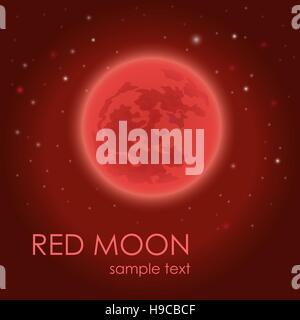Red moon on the background of the starry sky. Space. Night. Plain text. Vector illustration. Stock Vector