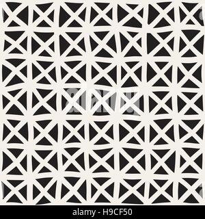 Wavy Hand Drawn Lines Triangles Grid. Vector Seamless Black and White Pattern. Stock Vector