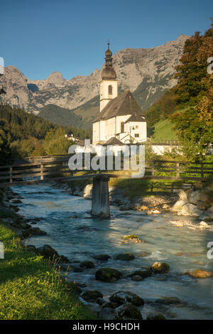 Early morning over St Sebastian Church, Ramsau bei Berchtesgaden, Bavaria, Germany Stock Photo