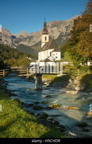 Early morning over St Sebastian Church, Ramsau bei Berchtesgaden, Bavaria, Germany Stock Photo