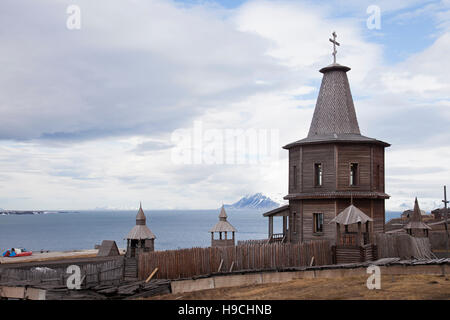 Wooden Russian Orthodox church in Pomor style at Barentsburg, coal mining settlement at Isfjorden, Spitsbergen / Svalbard, Norway Stock Photo