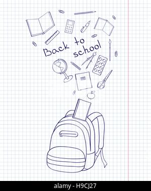 Set of school-related items. Sketch-like illustration of a backpack, books, pens and other objects for studies. Background imitating a sheet of paper Stock Vector
