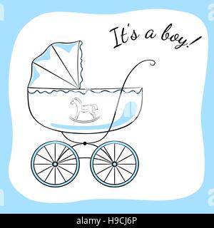 Retro baby carriage. Sketch-like image with color accents, variant for a boy. Baby arrival announcement card design. Stock Vector