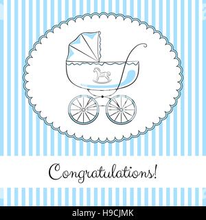 Retro baby carriage in frame on the striped background. Elegant sketch-like image with color accents. Congratulations card design, variant for a boy. Stock Vector