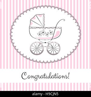 Retro baby carriage in frame on the striped background. Elegant sketch-like image with color accents. Congratulations card design, variant for a girl. Stock Vector