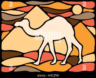 Graphic silhouette of a dromedary with pyramids on the background Stock Vector
