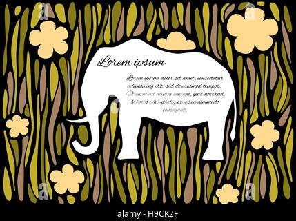 Vector silhouette of an elephant on an abstract jungle background. Can be used as a frame for your text. Stock Vector