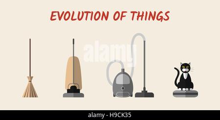 Evolution of cleaning devices: a broom, a retro vacuum cleaner, a modern vacuum cleaner and a robotic vacuum cleaner with a cat sitting on it. Stock Vector