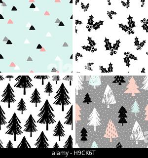 A set of four winter seamless repeat patterns with Christmas trees, triangle shapes and holly. Tiling festive background, greeting card or wrapping pa Stock Vector