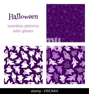 Set of vector seamless patterns with funny ghosts. Perfect backgrounds for your Halloween design. Stock Vector