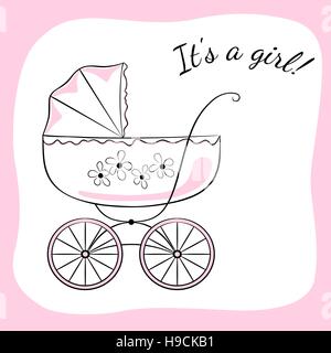 Retro baby carriage. Sketch-like image with color accents, variant for a girl. Baby arrival announcement card design. Stock Vector