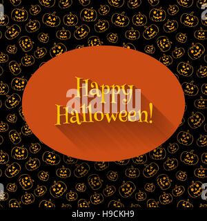 "Happy Halloween!" greeting over a seamless pattern with carved pumpkins, eps10. Dark background with traditional Halloween elements. Stock Vector