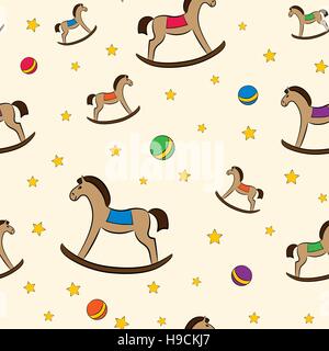 Colorful seamless vector pattern with rocking-horses, balls and stars. Stock Vector