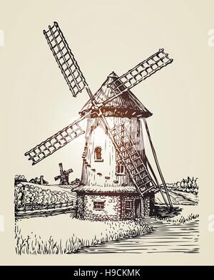 Windmill. Hand drawn sketch of mill. Engraving vintage style vector ...