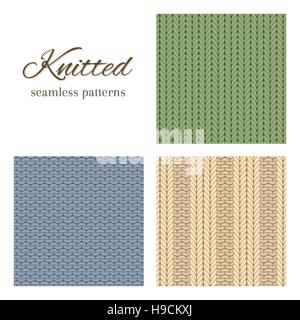 Set of vector seamless patterns imitating basic knitted fabrics: stockinette stitch, garter stitch and ribbing. Abstract vector backgrounds. Stock Vector