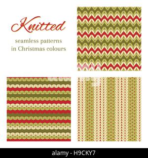 Set of vector seamless patterns imitating basic knitted fabrics. Abstract vector backgrounds in Christmas colours. Stock Vector